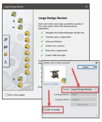 large assembly design review mode in solidworks
