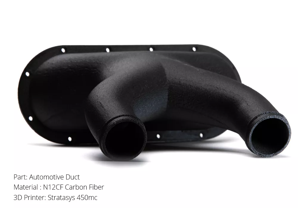 Automotive Duct 3D printed using N12CF Carbon Fiber on a Stratasys 450mc.