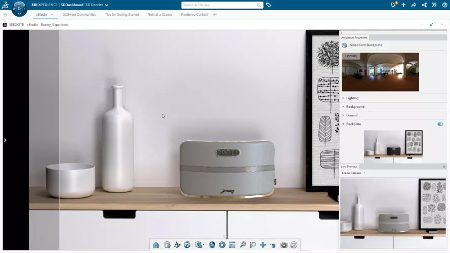 3DEXPERIENCE 3D Render: Pathtraced 3D rendering for xDesign from your web browser.