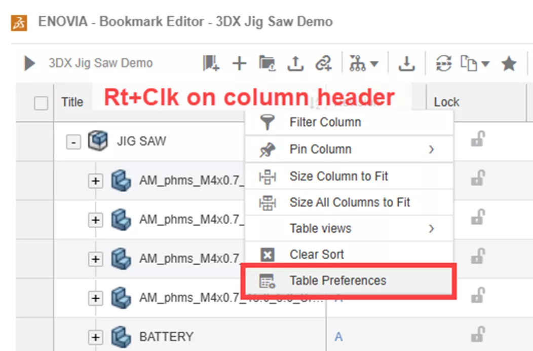 3DEXPERIENCE Table Preferences in Bookmark Editor