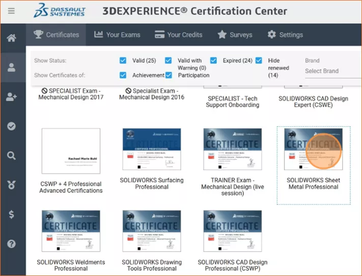 3DEXPERIENCE Certification Center Certificates Tab 