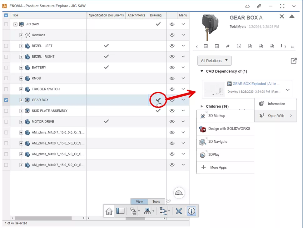 3DEXPERIENCE Drawing Checkmark to View Information Pane