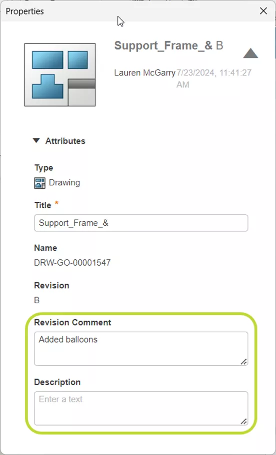 Properties popup for 3DEXPERIENCE drawing file
