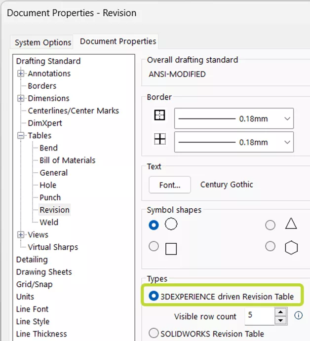 3DEXPERIENCE driven Revision Table option in Document Properties