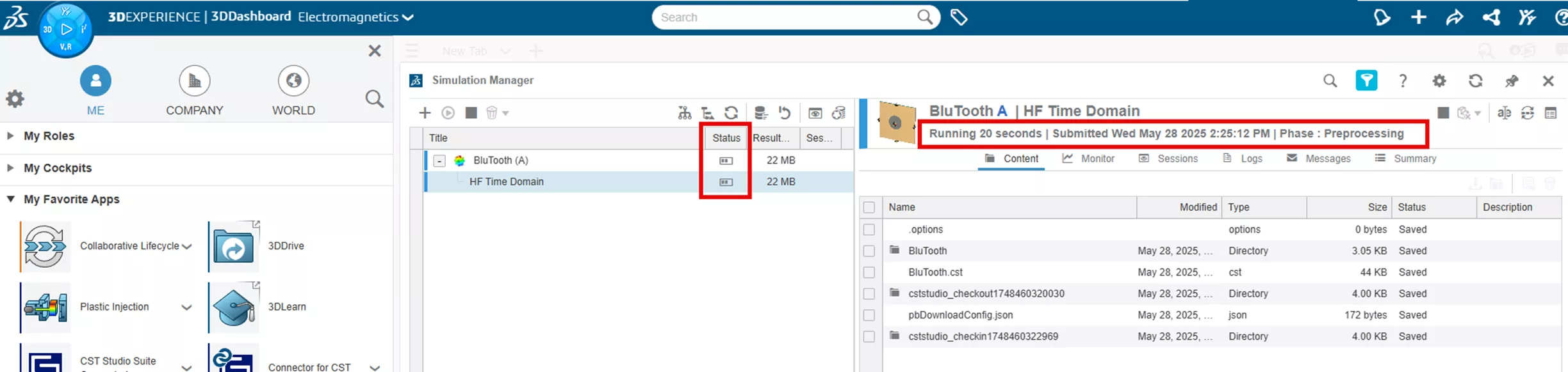 3DEXPERIENCE Electromagnetics Simulation Manager Status Field 