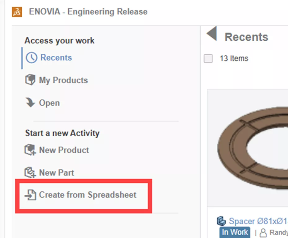 3DEXPERIENCE Engineering Release Create From Spreadsheet Option 