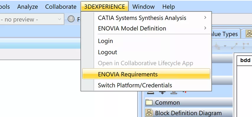 3DEXPERIENCE ENOVIA Requirements Dropdown Option