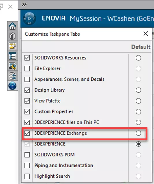 3DEXPERIENCE Exchange Option to Customize Taskpane Tabs