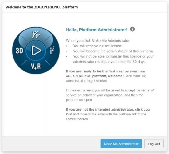 3DEXPERIENCE Hello, Platform Administrator Screen