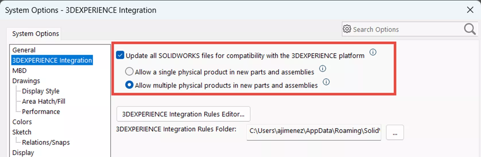 System Options 3DEXPERIENCE Integration Allow Multiple Physical Products in New Parts and Assemblies Option