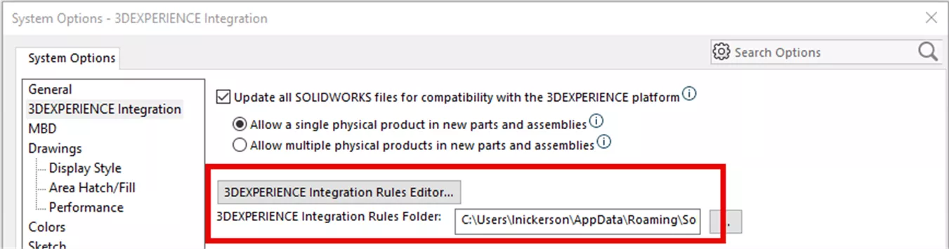 System Options 3DEXPERIENCE Integration Rules Folder 