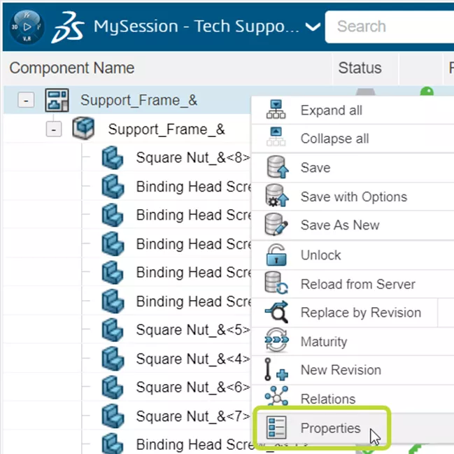 Properties option in 3DEXPERIENCE MySession right-click menu