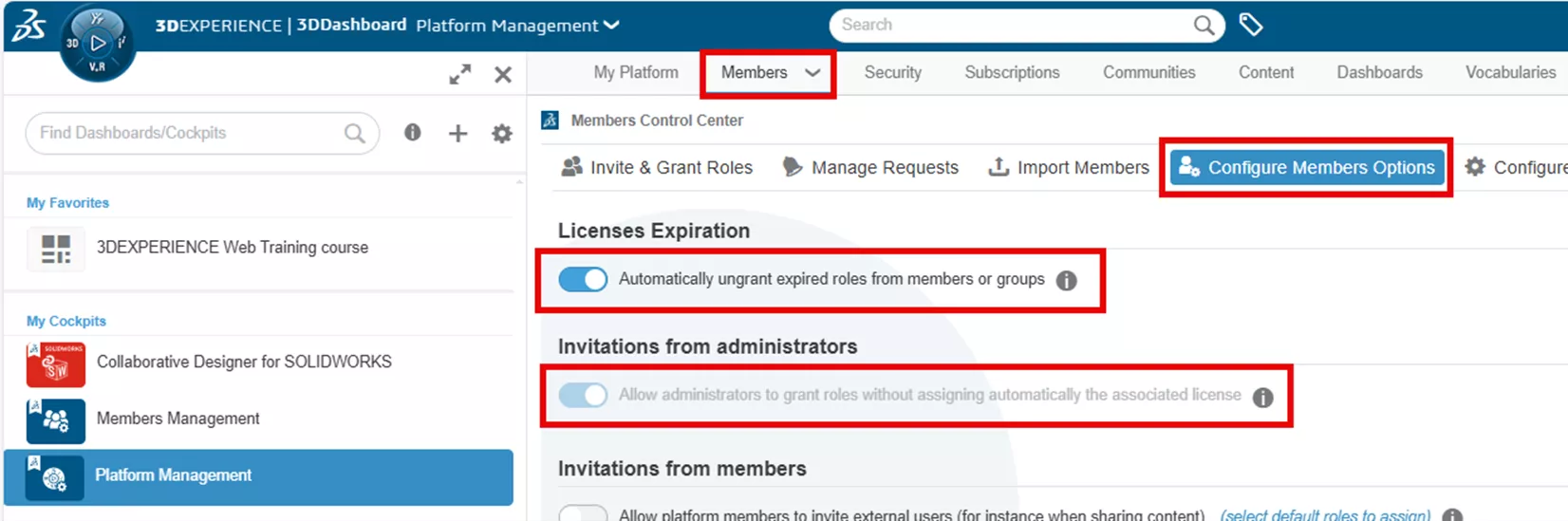 3DEXPERIENCE Platform Configure Member Options 