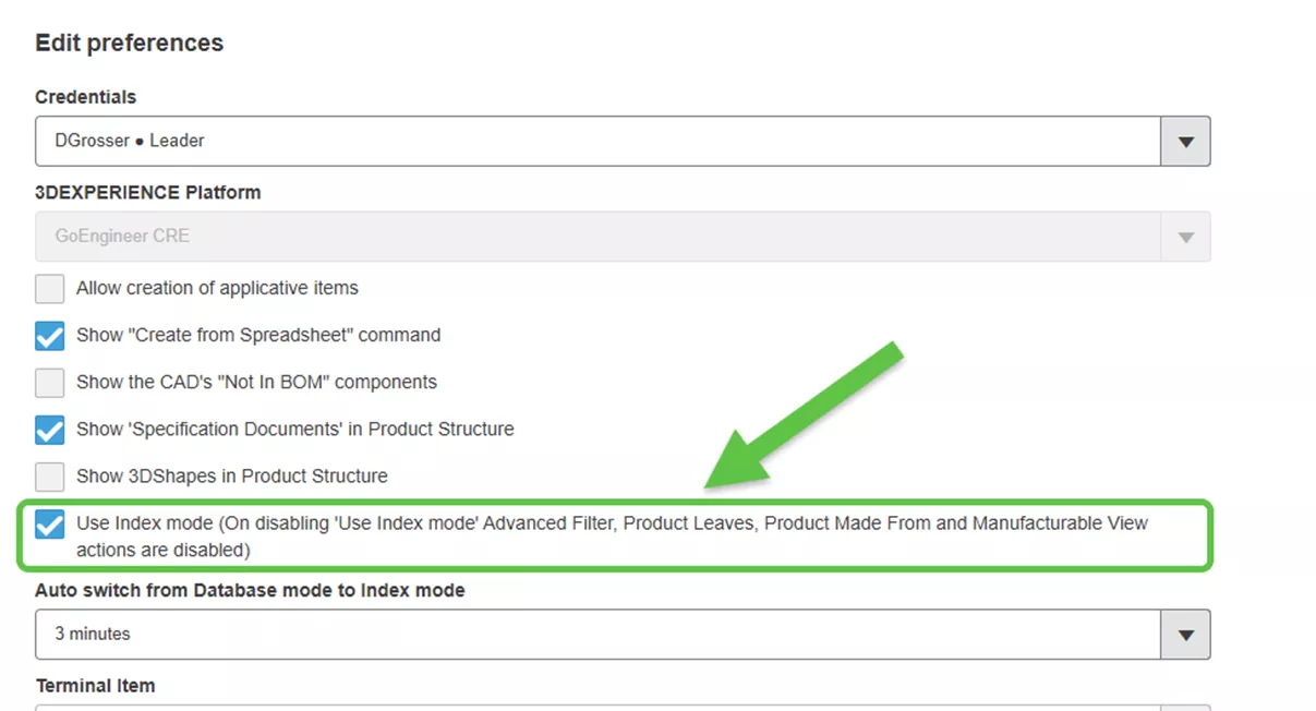 3DEXPERIENCE Platform Use Index Mode Option
