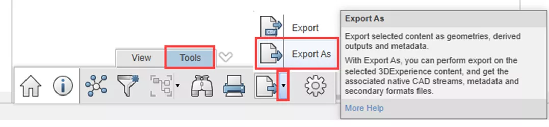 3DEXPERIENCE Product Explorer Export As Button
