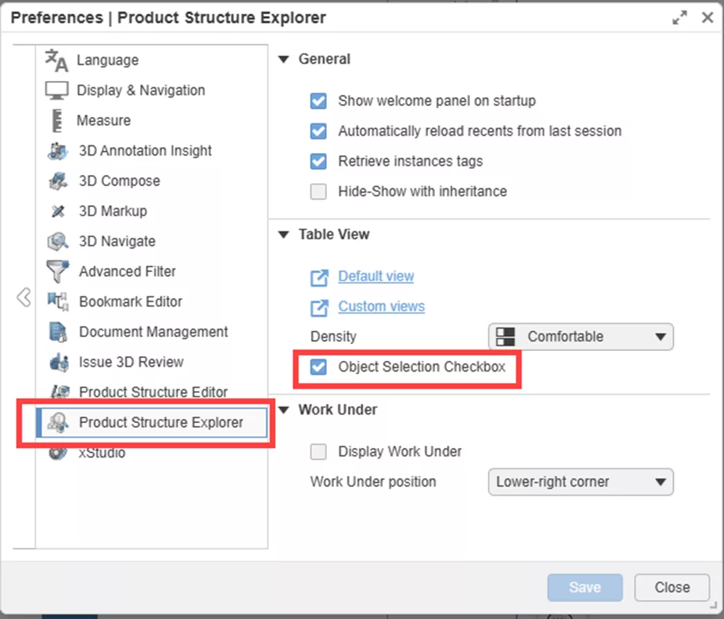 3DEXPERINECE Product Structure Explorer Option Object Select Checkbox