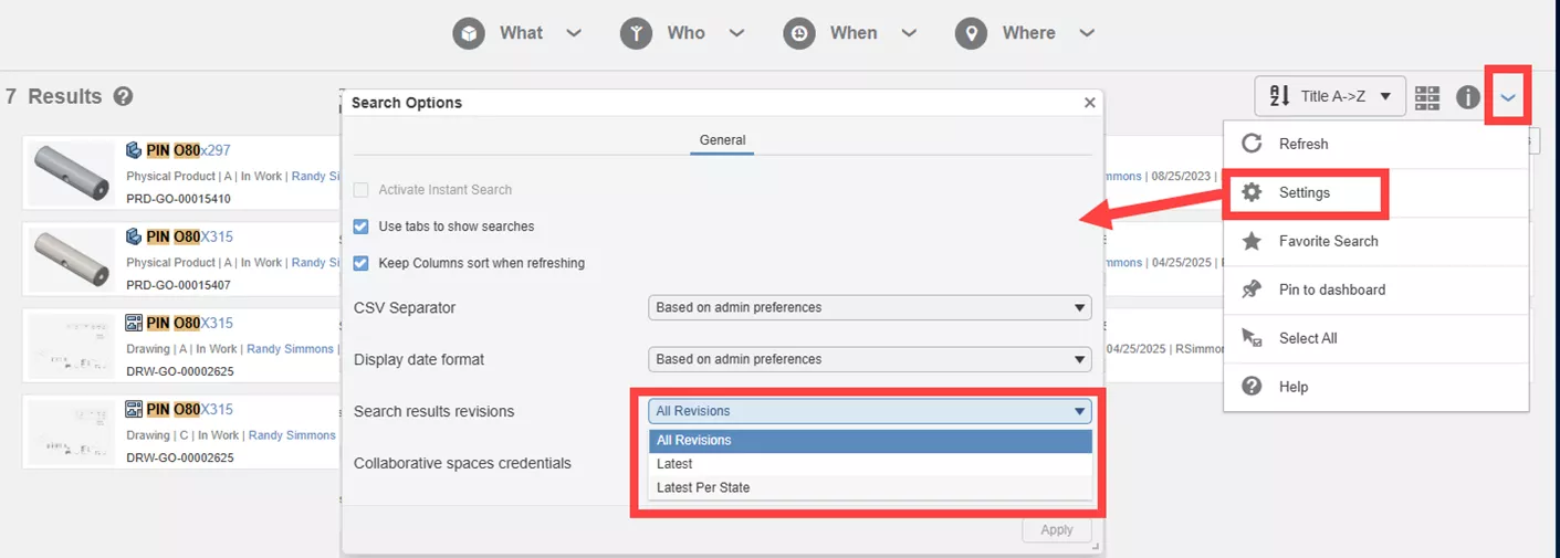 3DEXPERFIENCE Search Options User Settings