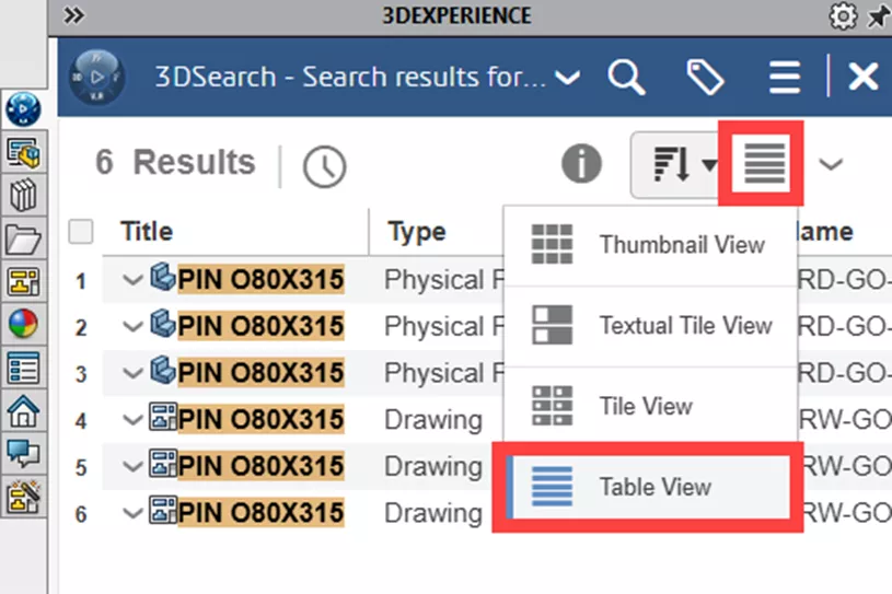 3DEXPERIENCE SOLIDWORKS Table View