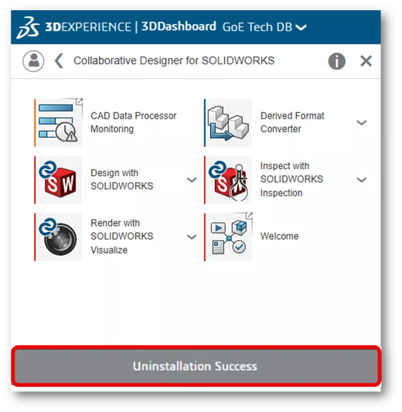 3DEXPERIENCE SOLIDWORKS Uninstallation Success Message