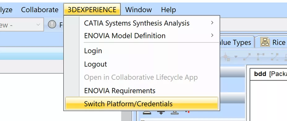 3DEXPERIENCE Switch Platform/Credentials Dropdown Option 