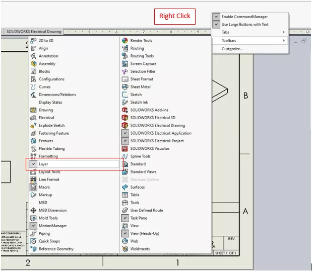 SOLIDWORKS Layer Menu Activation