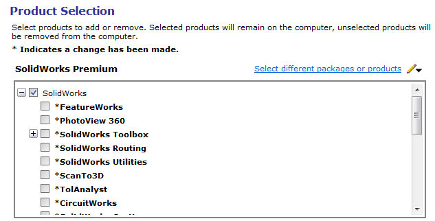  Example of the installation settings selected in the 'Product Selection' screen of an installation