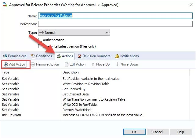 Add Action in Approved For Release Properties Window 