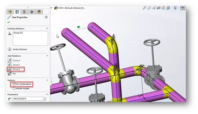 Along Z for Construction SOLIDWORKS Routing