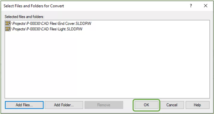 Select Files and Folders for Convert SOLIDWORKS PDM 