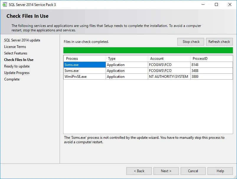 Check Files in use SQL Server 2014 Service Pack3