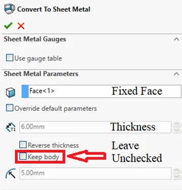 Convert to Sheet Metal Keep Body Option