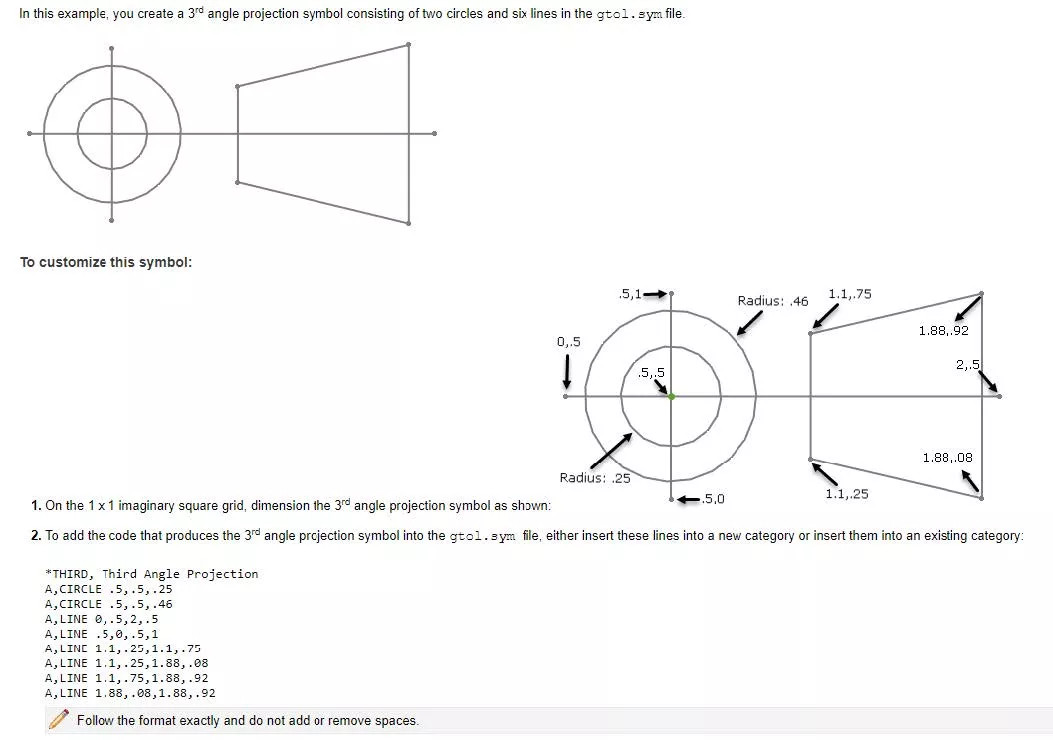 Example format of creating a 3rd angle projection symbol in SOLIDWORKS