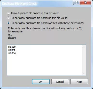 Do Not Allow Duplicate File Names with these Extensions SOLIDWORKS PDM Option 