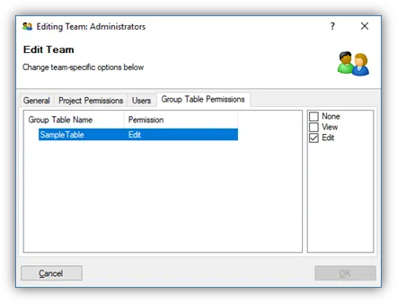 DriveWorks Pro Group table permissions tab