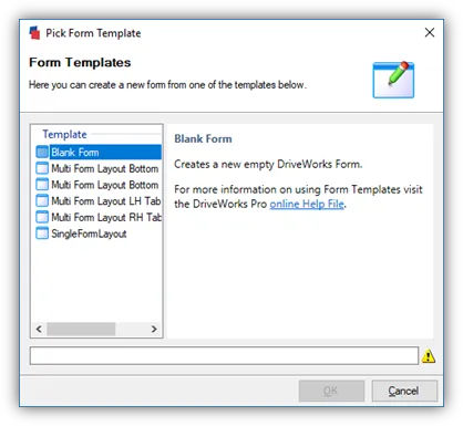 DriveWorks Professional New Form Template Dialog