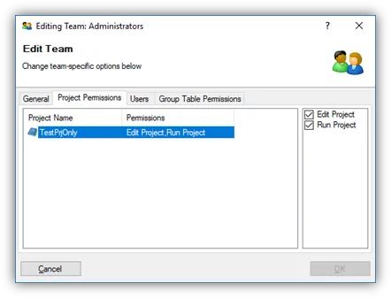 DriveWorks Pro Admin Project Permissions tab