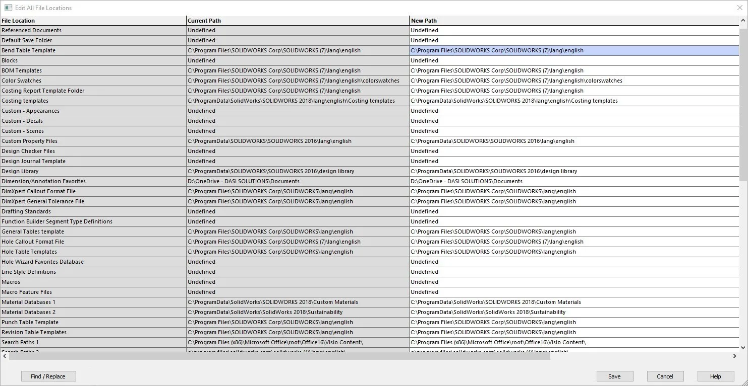 Edit all File Locations SOLIDWORKS