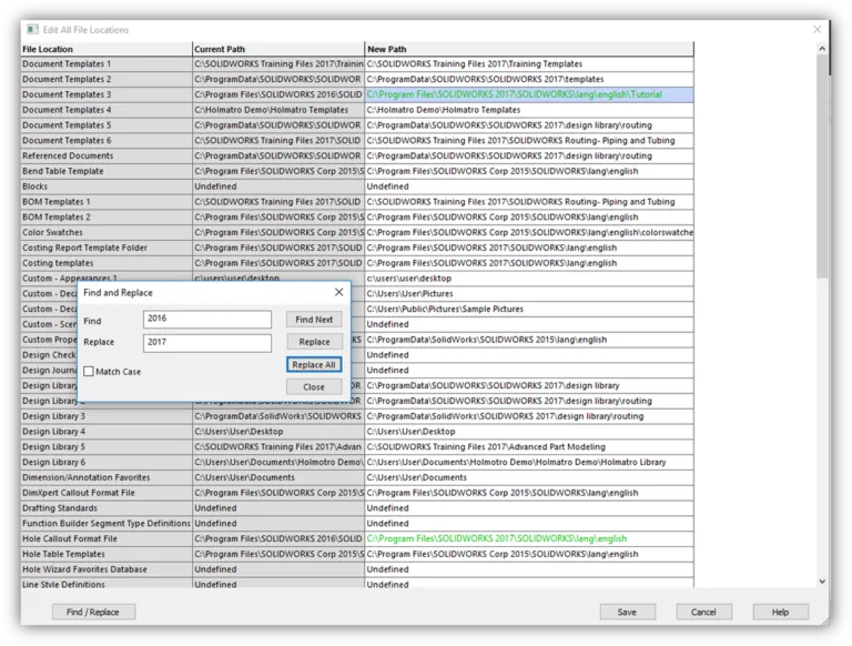 SOLIDWORKS Edit All File Locations Find and Replace Example 2