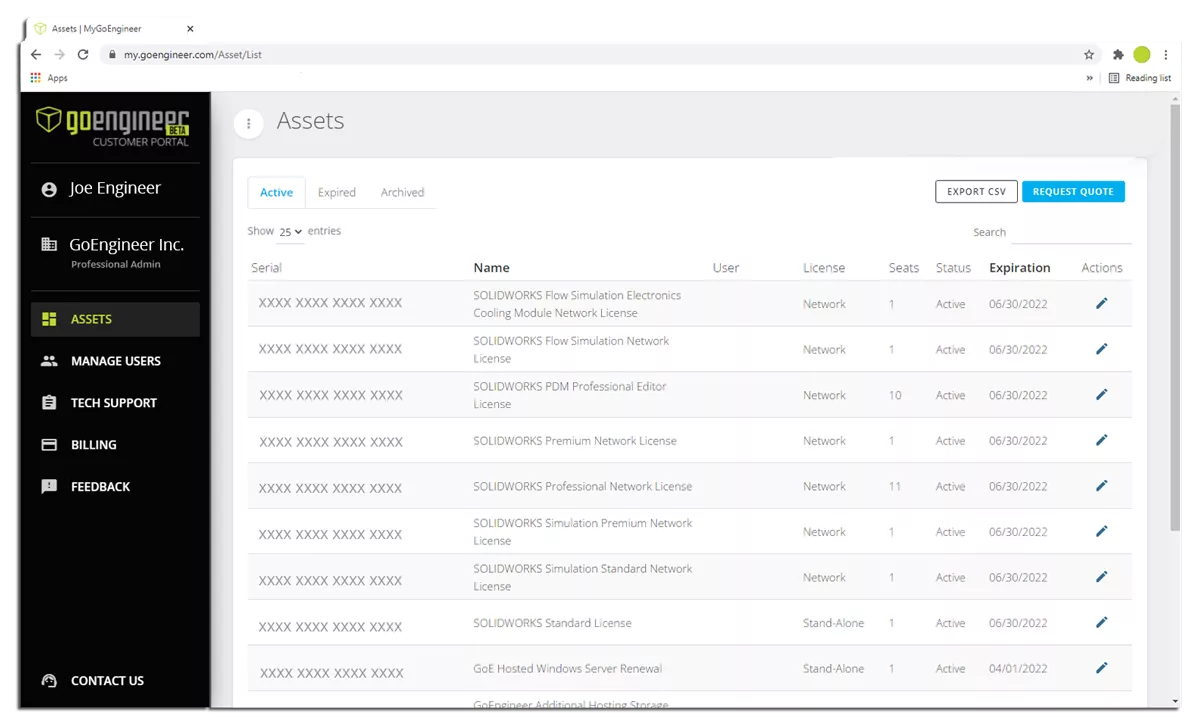 View SOLIDWORKS Licensing from GoEngineer Cutomer Portal