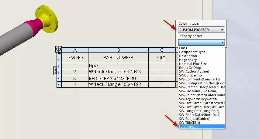 Link New BOM Column to the Custom Property in SOLIDWORKS