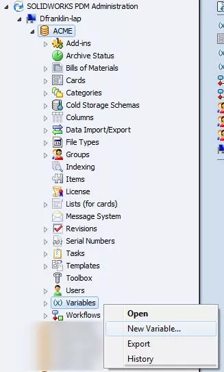 New Variable Option SOLIDWORKS PDM Admin Tool