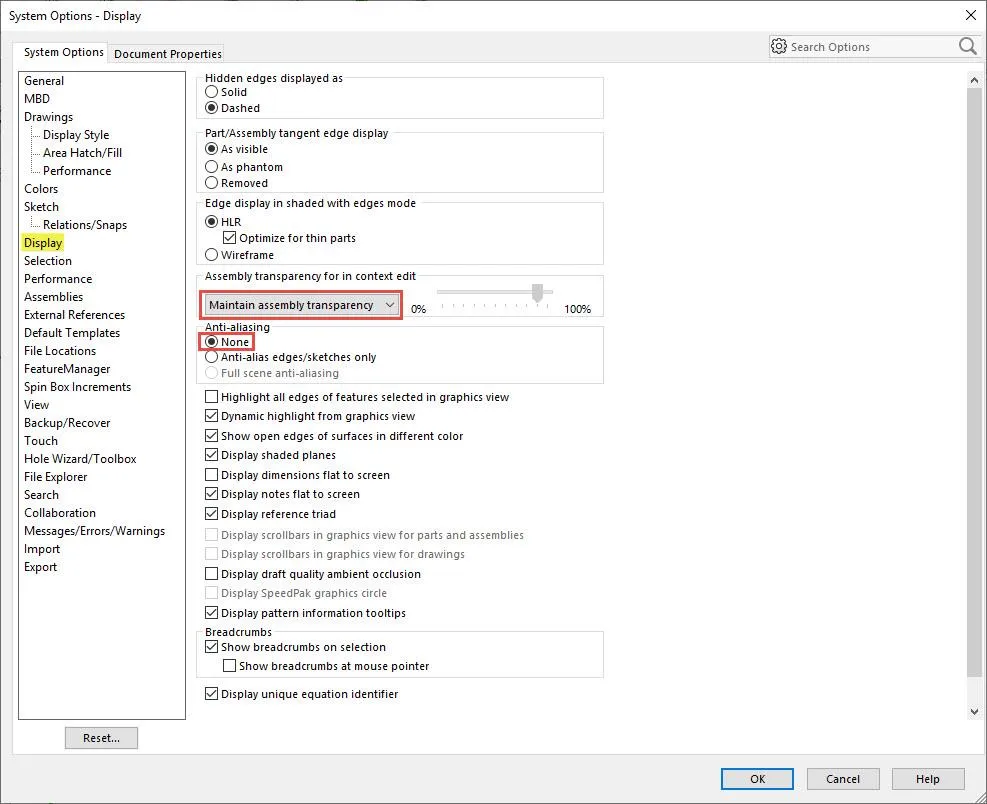 Optimizing SOLIDWORKS Performance System Options with Display Settings 