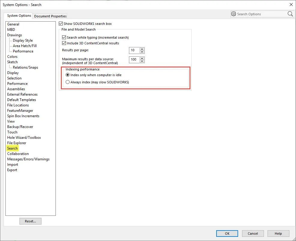 Optimizing SOLIDWORKS Performance with System Options Search 