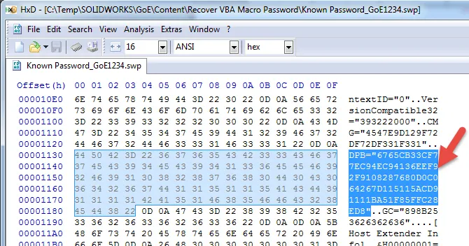 Figure 3: HxD interface with known password string selected
