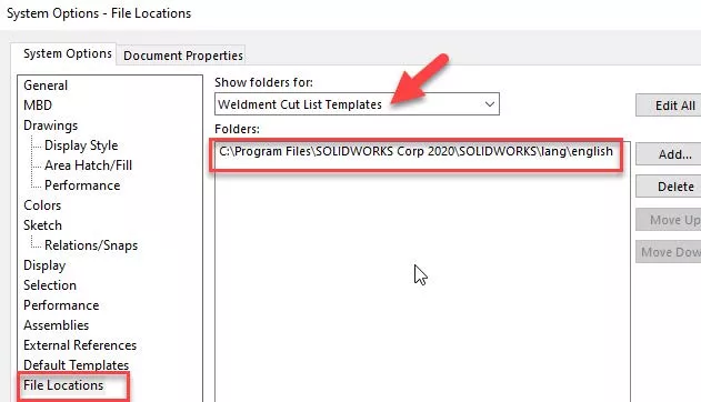 SOLIDWORKS Custom Weldment Cut List Template Folder
