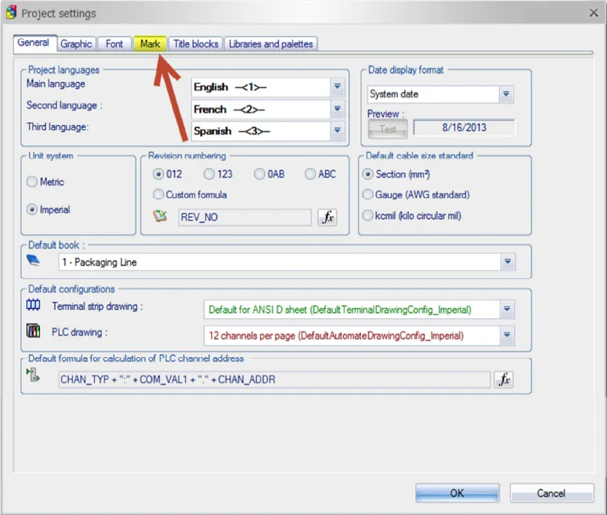 SOLIDWORKS Electrical Schematic Project Settings Mark Tab