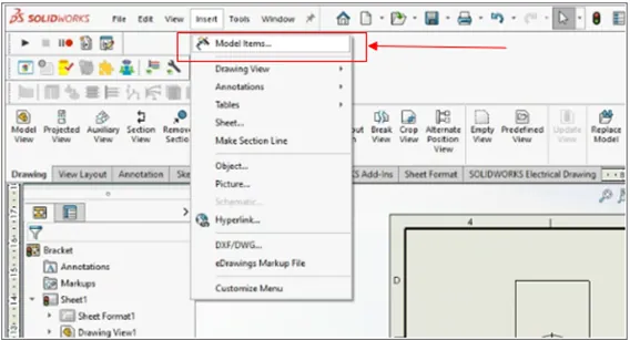 SOLIDWORKS Insert Model Items Options