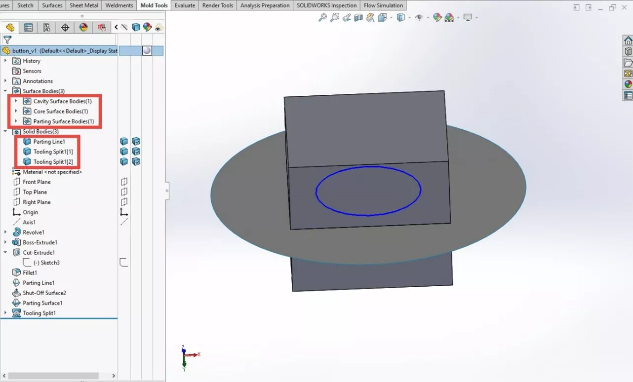 SOLIDWORKS MOLD TOOLS  TOOLING SPLIT BODIES