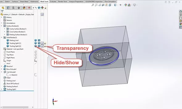 SOLIDWORKS MOLD TOOLS TOOLING SPLIT TRANSPARENCY
