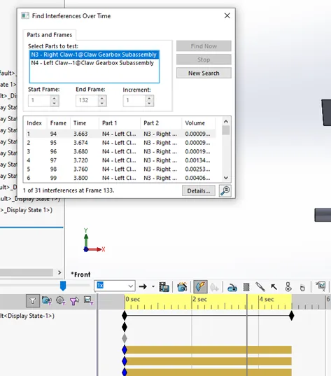 SOLIDWORKS Find Interferences Over Time Dialog 